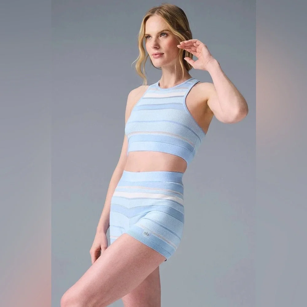 Alo Yoga Sport Play Knit Bra Seashell Blue Ivory High Neck Stretch Crop Top Med
